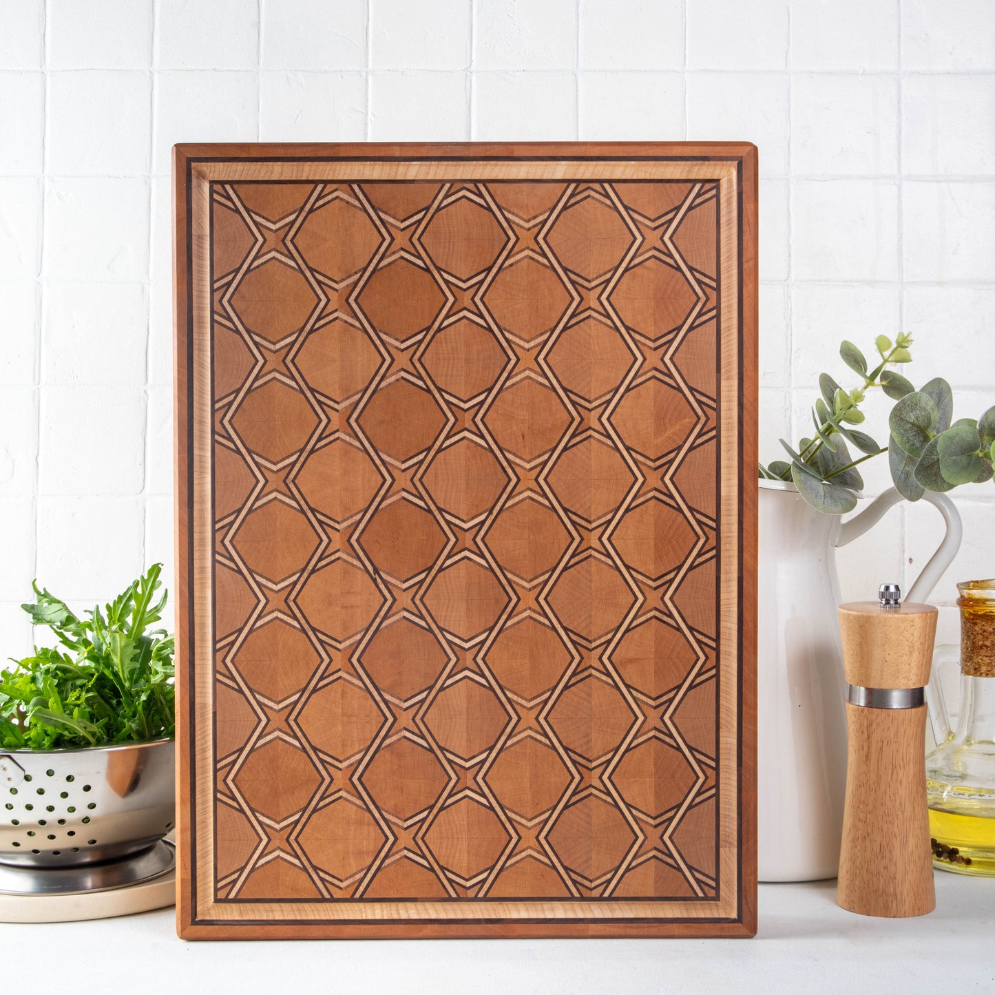 End Grain Cutting Board with 3D Pattern  – Acacia, Maple and Walnut