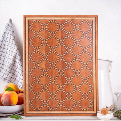 End Grain Cutting Board with 3D Pattern – Fruitwood (Apple & Pear) with Maple Accents