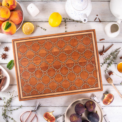 End Grain Cutting Board with 3D Pattern – Fruitwood (Apple & Pear) with Maple Accents